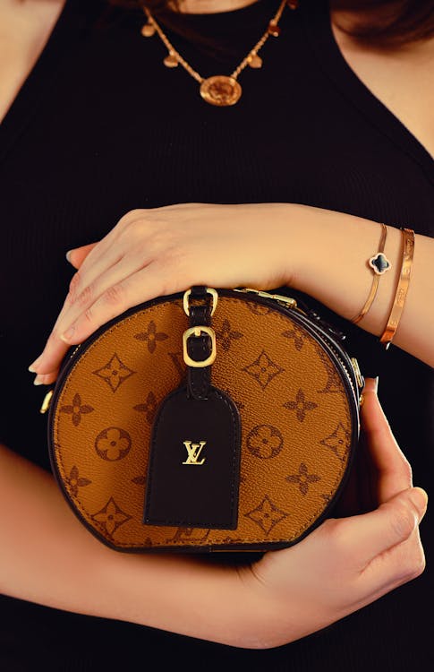 Woman holding a luxury Louis Vuitton designer handbag